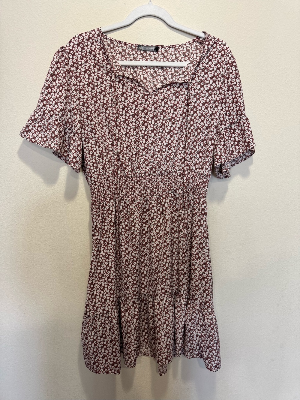 Amazon Burgundy Floral Mini Dress with Ruffle Sleeves